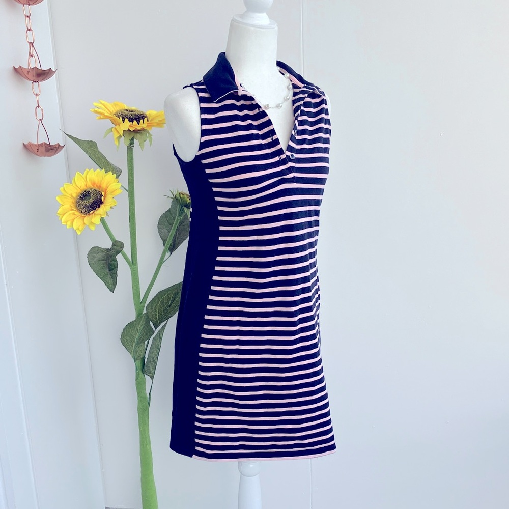 Lands' End Navy and Pastel Pink Polo Style Preppy Mini Tank Dress